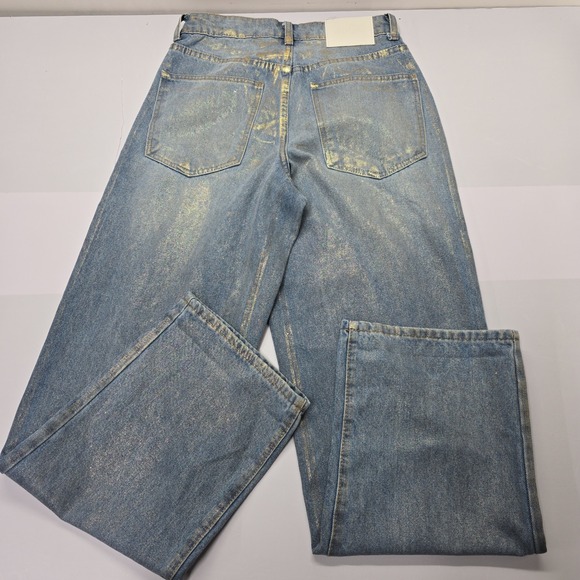 AFRZ Denim - AFRZ Gold Metallic Coated Wide Leg Jeans Blue‎ Denim High Rise sz 25 Streetwear